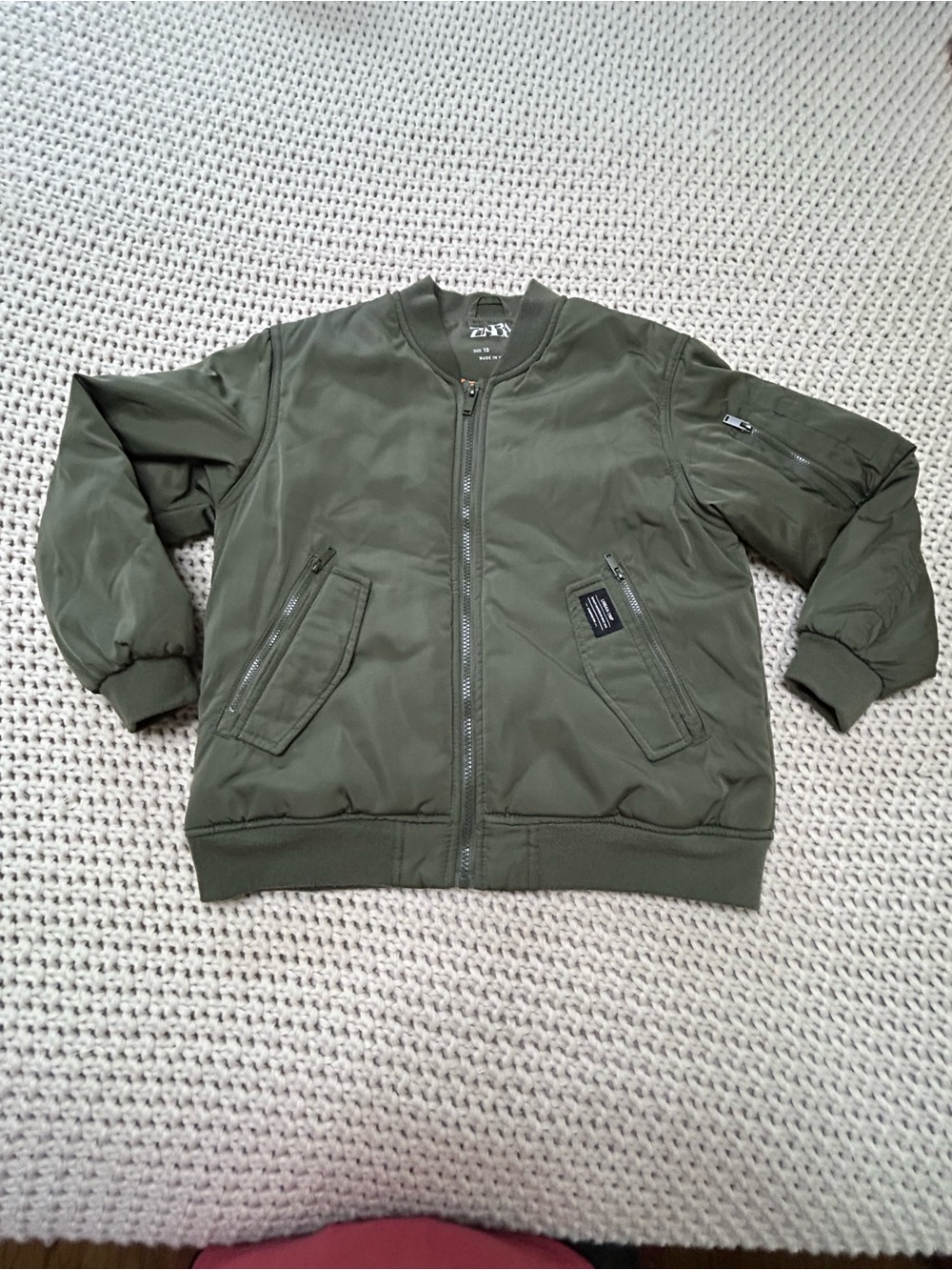 Kid’s Zara Olive Bomber Jacket with Bright Orange Lining Size 10